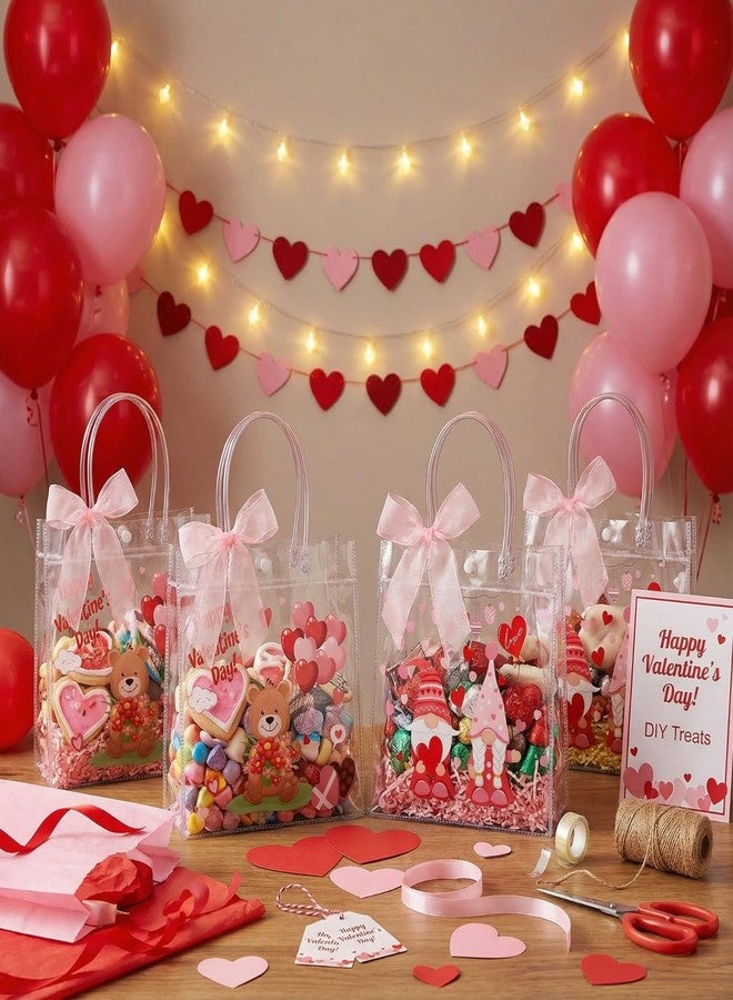 Henoyso 24 Pcs Valentines Clear Gift Bags Plastic Pink Candy Goodie Treat Bag Valentines Day Party PVC Totes with Handles Ribbon Galentines Day Party Favors, 7.8 x 7.8 x 3.1 Inches - Image 5